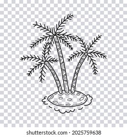 Hand drawn Island with Palm Trees isolated on transparent background. Vector illustration.