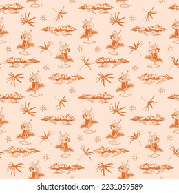 Hand drawn Island seamless pattern Line minimal of palms tree , sun ,mountain and tropical leaves , Design for fashion , fabric, textile, wallpaper, cover, web , wrapping and all prints 
