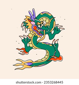 Hand drawn isolated abstract Dragon. Japanese or Chinese oriental style. Trendy colored Vector illustration. T-shirt print, logo, poster, card, design template, tattoo idea. Symbol of 2024 new year