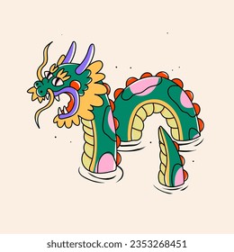 Hand drawn isolated abstract Dragon. Japanese or Chinese oriental style. Trendy colored Vector illustration. T-shirt print, logo, poster, card, design template, tattoo idea. Symbol of 2024 new year