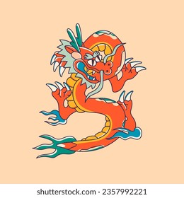 Hand drawn isolated abstract Dragon. Japanese or Chinese oriental style. Trendy colored Vector illustration. T-shirt print, logo, poster, card, design template, tattoo idea. Symbol of 2024 new year