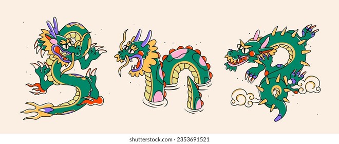 Hand drawn isolated abstract Dragons. Japanese or Chinese oriental style. Trendy colored Vector illustration. T-shirt print, logo, poster, card, design templates, tattoo idea. Symbol of 2024 new year