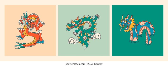 Hand drawn isolated abstract Dragons. Japanese or Chinese oriental style. Trendy colored Vector illustration. T-shirt print, logo, poster, card, design templates, tattoo idea. Symbol of 2024 new year