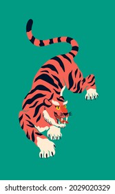 Hand drawn isolated abstract tiger. Tiger walk. Japanese or Chinese oriental style. Trendy colored Vector illustration. Print, logo, poster template, tattoo idea. Symbol of 2022 new year