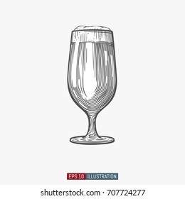 Hand drawn isolated beer glass. Engraved style. Template for your design works. Vector illustration.