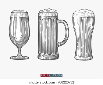 Hand drawn isolated beer glass. Engraved style. Template for your design works. Vector illustration.