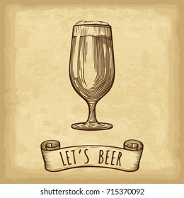 Hand drawn isolated beer glass on old paper texture background. Engraved style. Template for your design works. Vector illustration.