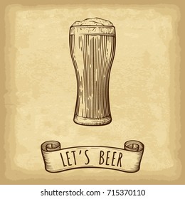 Hand drawn isolated beer glass on old paper texture background. Engraved style. Template for your design works. Vector illustration.