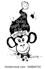 Hand drawn isolated black face of monkey in Santa's hat with greeting text. Christmas and New Year greeting card. 