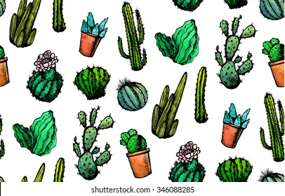 Hand Drawn Isolated Cactuses Seamless Pattern. Cactus Ornament in vintage style for textiles, print and etching. Line-art. Vector