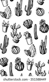 Hand Drawn Isolated Cactuses Seamless Pattern. Cactus Ornament in vintage style for textiles, print and etching. Line-art. Vector