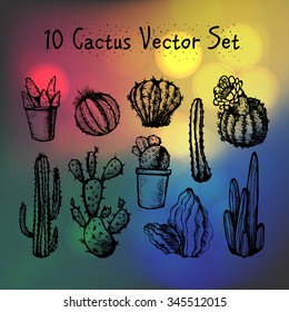 Hand Drawn Isolated Cactuses Set. Cactus in vintage style for textiles, print and etching. Line-art. Vector