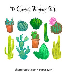 Hand Drawn Isolated Cactuses Set. Cactus in vintage style for textiles, print and etching. Line-art. Vector