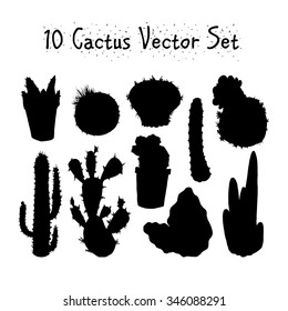 Hand Drawn Isolated Cactuses Silhouettes Set. Cactus in vintage style for textiles, print and etching. Line-art. Vector