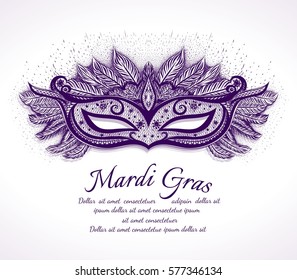 Hand drawn isolated carnival mask with feathers. Beautiful concept design for party invitation. Mardi Gras. Vector isolated illustration.
