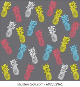 hand drawn isolated colored pineapple pattern on green background with lettering, vector summer illustration