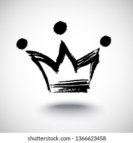 Hand drawn isolated crown black silhouette. Grunge brush and pencil (chalk or charcoal) texture. Made by tracing, white background. Vector illustration