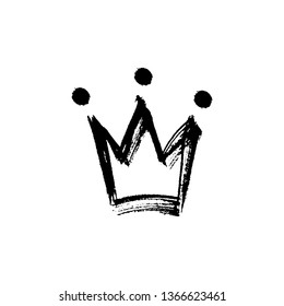 Hand drawn isolated crown black silhouette. Grunge brush and pencil (chalk or charcoal) texture. Made by tracing, white background. Vector illustration