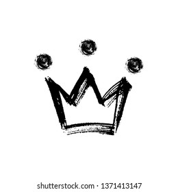 Hand drawn isolated crown black silhouette. Grunge brush and pencil (chalk or charcoal) texture. Made by tracing, white background. Vector illustration