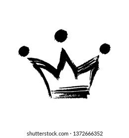 Hand drawn isolated crown black silhouette. Grunge brush and pencil (chalk or charcoal) texture. Made by tracing, white background. Vector illustration