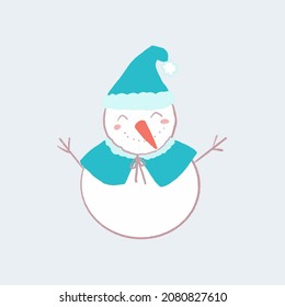 Hand drawn isolated cute smiling snowman with blue clothes. Cozy winter children drawing style artwork for greeting card, decoration. Vector illustration EPS 10