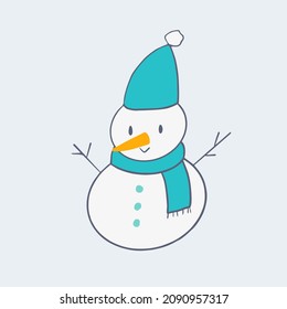 Hand drawn isolated cute smiling snowman wearing blue scarf and hat. Cozy winter children drawing style artwork for greeting card, decoration. Vector illustration EPS 10