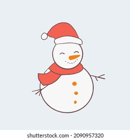 Hand drawn isolated cute smiling snowman wearing red Christmas pom pom hat and scarf. Cozy winter children drawing style artwork for greeting card, decoration. Vector illustration EPS 10