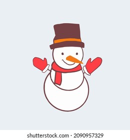 Hand drawn isolated cute smiling snowman in a hat wearing red scarf and mittens. Cozy winter children drawing style artwork for greeting card, decoration. Vector illustration EPS 10
