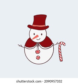 Handgezeichnet, einzeln lächelnder Schneemann mit dunkelrotem Mantel und Hut und hält einen Bonbons. Gemütliche Winterkinder zeichnen Stilkunst für Grußkarte, Dekoration. Vektorgrafik EPS10