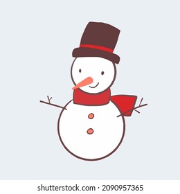 Hand drawn isolated cute smiling snowman wearing red scarf and gentleman hat. Cozy winter children drawing style artwork for greeting card, decoration. Vector illustration EPS 10