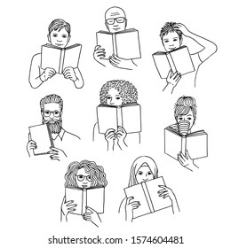 Hand drawn isolated diverse people reading books, black and white line drawing