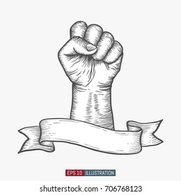 Hand drawn isolated fist hand with ribbon banner. Engraved style. Revolution, protest, freedom, fight or power symbol. Template for your design works. Vector illustration.