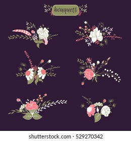 Hand drawn isolated floral bouquets. Beautiful elements for your design. Vector illustration.