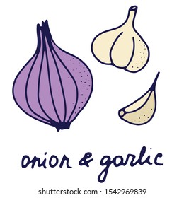 Hand drawn isolated food icon. Color fill illustration of  vegetable. Onion and garlic icon.