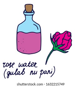 Hand drawn isolated food icon. Color fill illustration of rose water. Glass bottle and rose bud. Indian  Gulab nu pani. Esssence bottle. Rose essential oil.