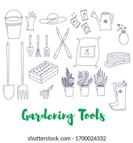 Hand drawn isolated garden inventory clipart. Garden tools illustration set. Gloves, watering can, tools, seeds, flower pots, hat, garden gloves, water hose, soil, secateurs, garden pruner, seedlings.