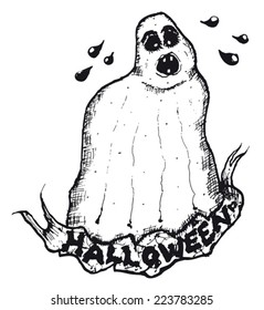 Hand drawn isolated ghost with Halloween banner/ Illustration of hand drawn isolated ghost with Halloween banner