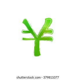 Hand drawn isolated green watercolor yen (yuan) sign, white background. Design element illustration for web or typography (magazine, brochure, flyer, poster). EPS 10.
