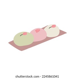 Handgezeichnet einzeln hanami dango oder mochi mit sakura, hanami picknic Element. Japanische traditionelle grüne, rosa, weiße Nachspeise mit Kirschblüten. Vektorgrafik.