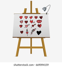 Hand drawn isolated hearts set on easel. Vector illustration