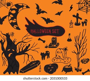  Hand drawn isolated Helloween set of horror  tree, pumpkin, bat, cat, coffin, grave, moon, potion and other helloween symbols for textiles and printed matter. Vector illustration.