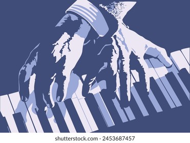 Hand drawn, isolated, high contrast, hands playing piano. Vector illustration.