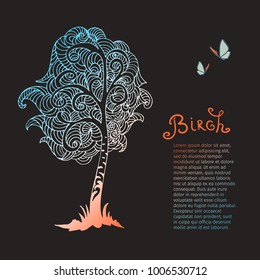 hand drawn isolated illustration with tree (oak, ash, birch, maple, fir, eucalyptus) and place for your text. minimalism vintage invitation, label or card.