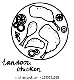 Hand drawn isolated indian food icon. Black outline illustration of indian dish. Tandoori chicken on the plate.