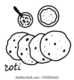 Hand drawn isolated indian food icon. Black outline illustration of indian flat bread. Roti or chapati.