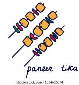 Hand drawn isolated indian food icon. Color fill illustration of indian dish. Paneer tikka icon. Cottage cheese chunks.