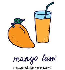 Hand drawn isolated indian food icon. Color fill illustration of indian drink. Mango shake icon. Mango lassi. Mango and the glass.