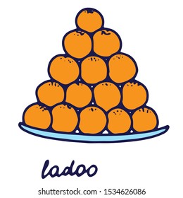 Hand drawn isolated indian food icon. Color fill illustration of indian sweets. Ladoo sweets on the plate.