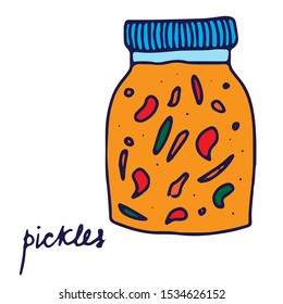 Hand drawn isolated indian food icon. Color fill illustration of indian dish. Pickles  jar.