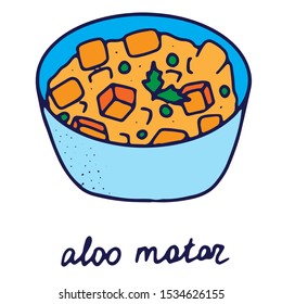 Hand drawn isolated indian food icon. Color fill illustration of indian dish. Potatoes and peas punjabi dish. Aloo matar.